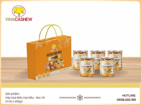 Hộp Quà Biếu Hạt Điều Bóc Vỏ (5 hũ x 200gr)