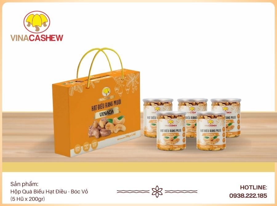 Hộp Quà Biếu Hạt Điều Bóc Vỏ (5 hũ x 200gr)