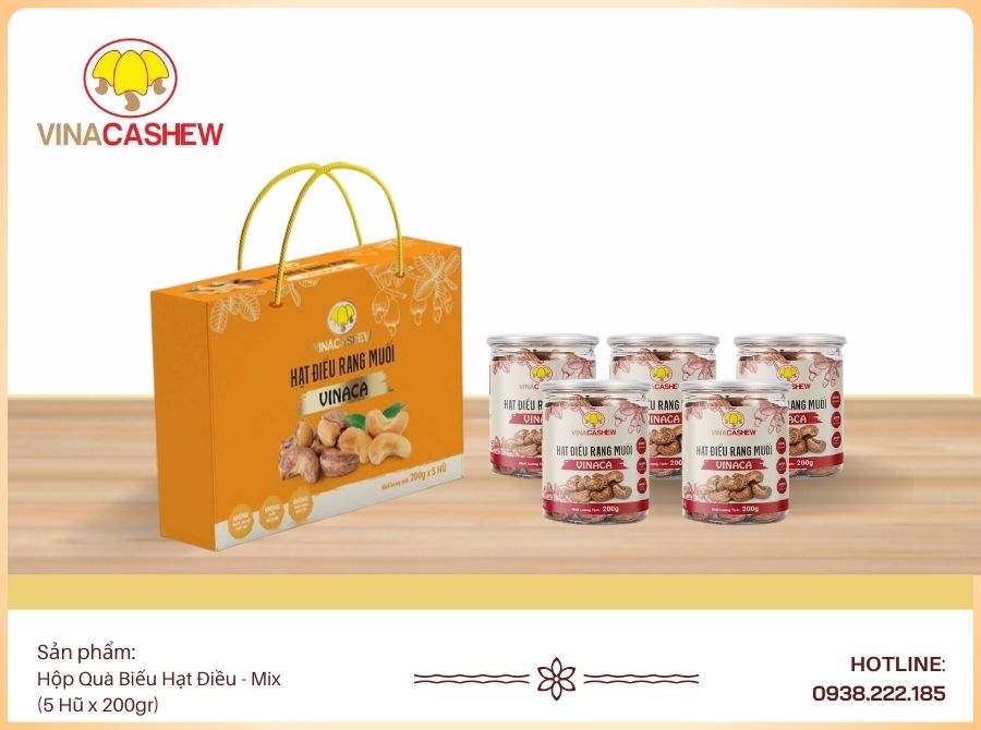 Hộp Quà Biếu Hạt Điều Vỏ Lụa (5 hũ x 200gr)