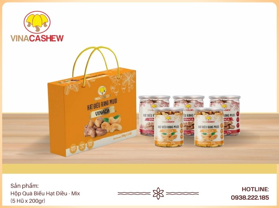 Hộp Quà Biếu Hạt Điều Mix (5 hũ x 200gr)