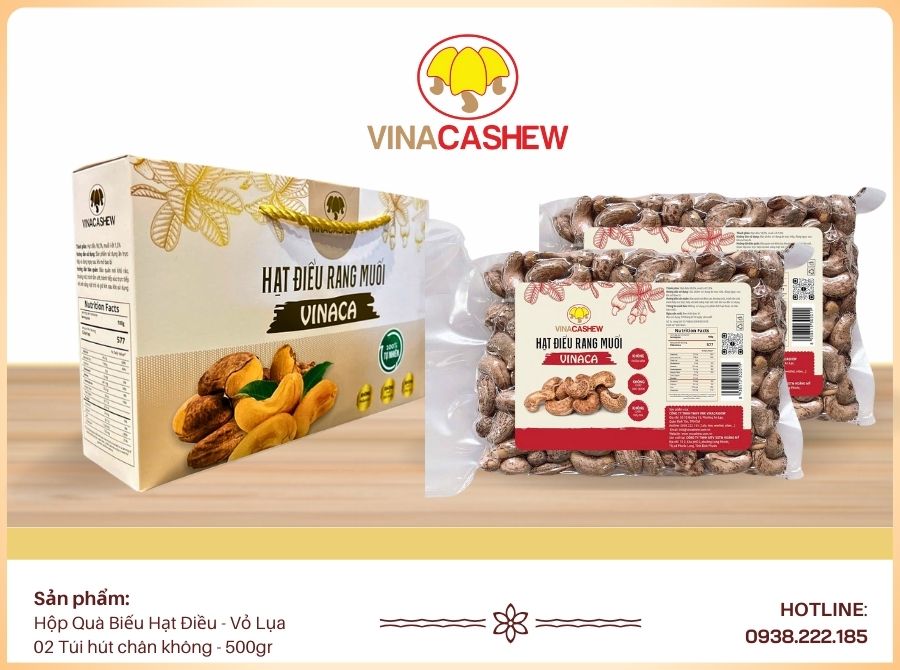 Hộp quà biếu hạt điều vỏ lụa (02 túi x 500gr)